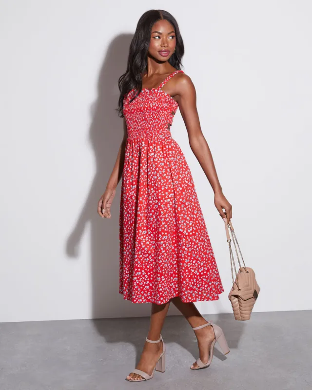 Betsey Smocked Floral Midi Dress sold by Vici