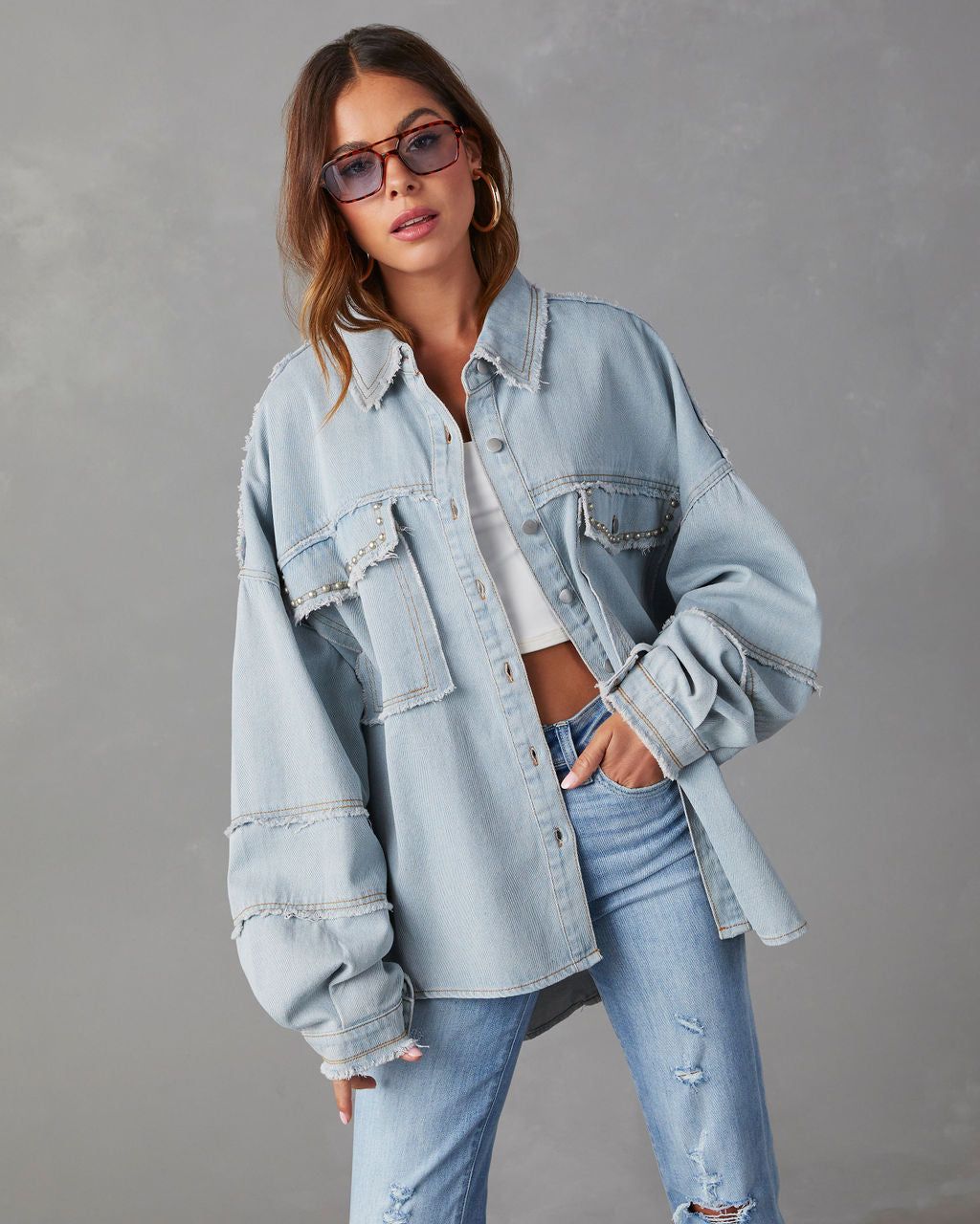Dolly Cotton Frayed Denim Shacket - Light Wash - SALE sold by Vici