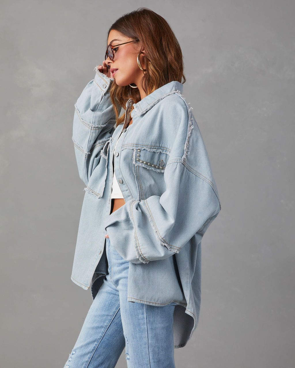 Dolly Cotton Frayed Denim Shacket - Light Wash - SALE sold by Vici product image thumbnail 5