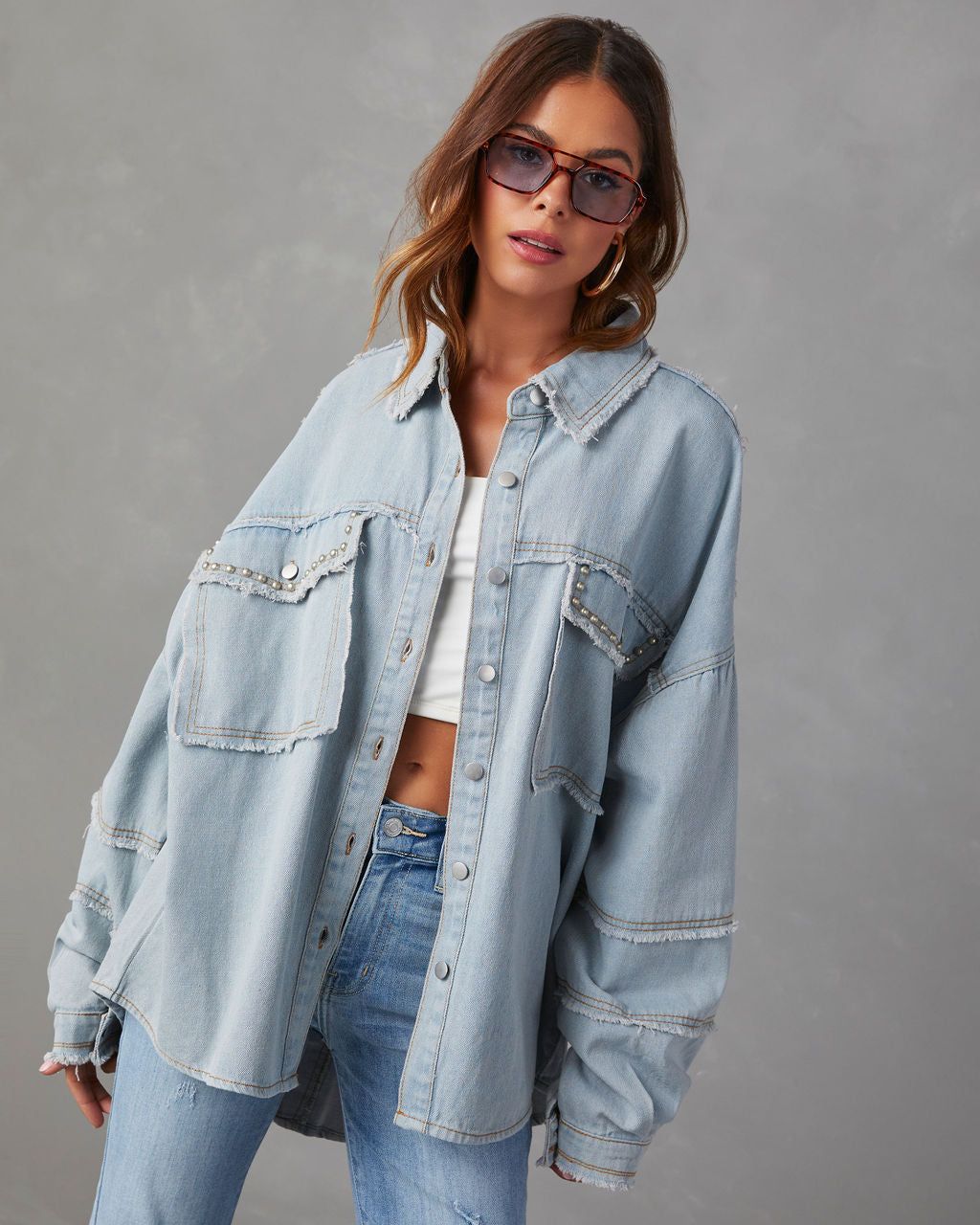 Dolly Cotton Frayed Denim Shacket - Light Wash - SALE sold by Vici product image thumbnail 6