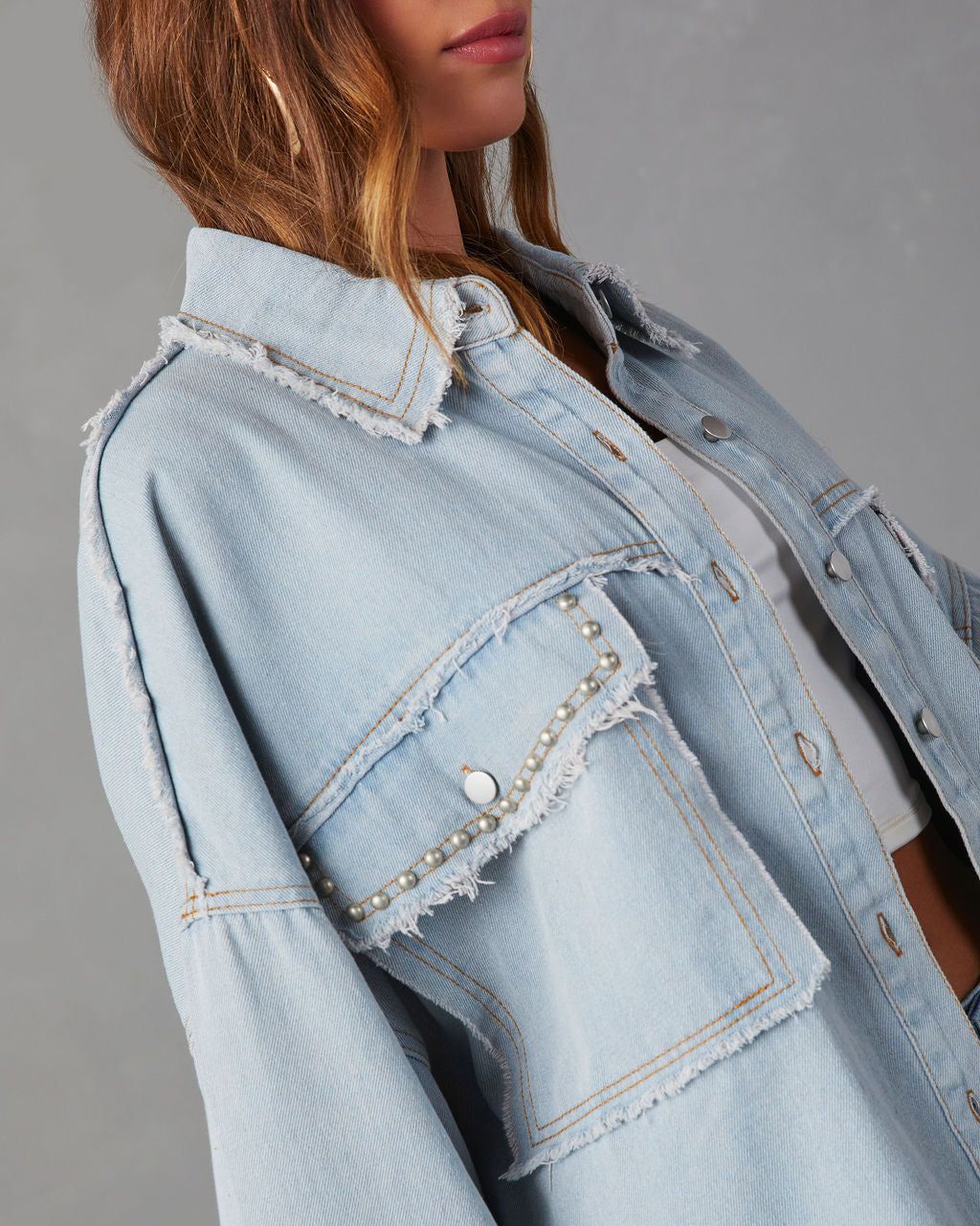 Dolly Cotton Frayed Denim Shacket - Light Wash - SALE sold by Vici product image thumbnail 3