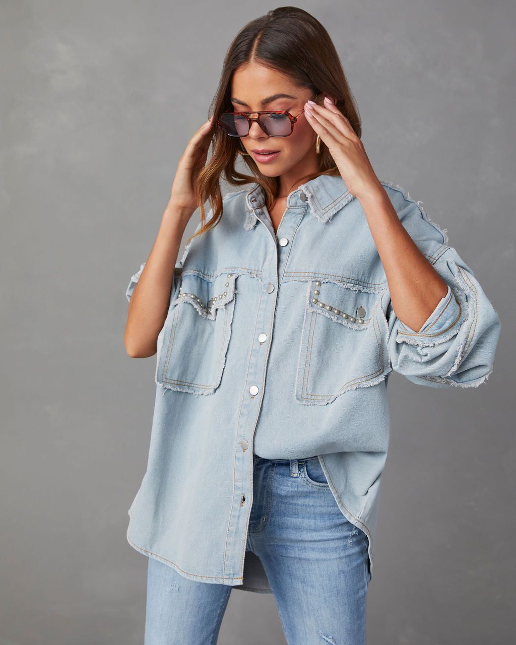 Dolly Cotton Frayed Denim Shacket - Light Wash - SALE sold by Vici product image thumbnail 4