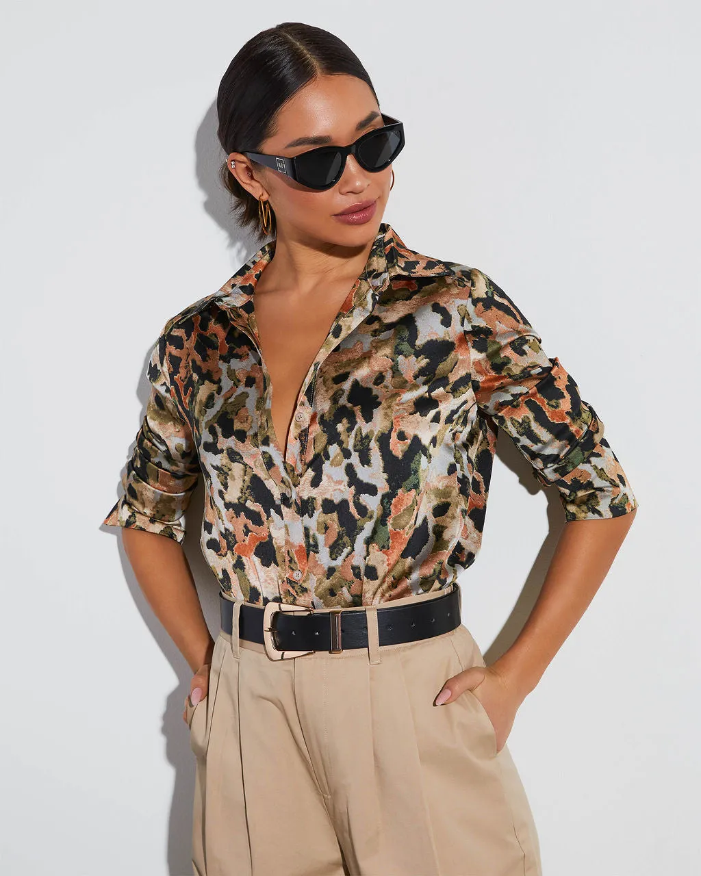 Gianna Satin Printed Button Down Top sold by Vici