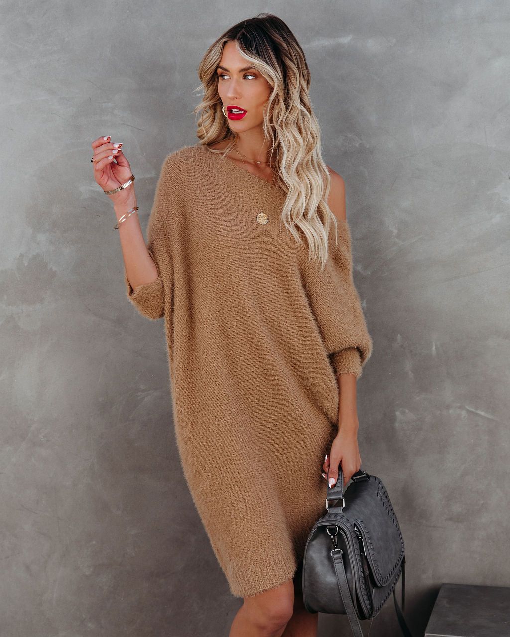 Cecelia Asymmetrical Knit Sweater Dress - Camel - FINAL SALE sold by Vici product image thumbnail 8
