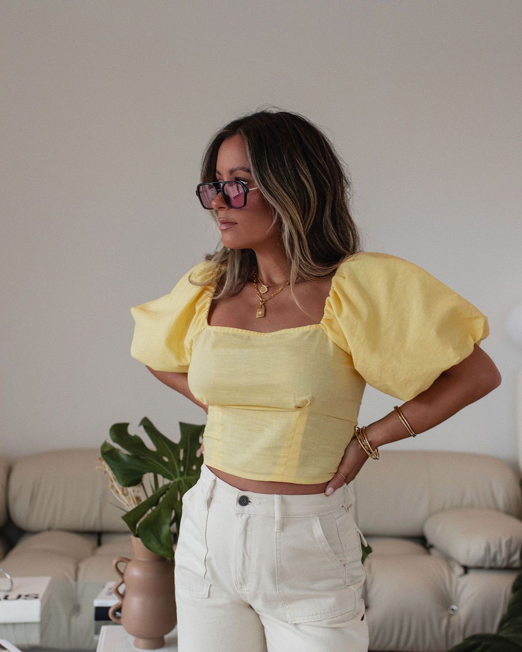 Rylee Cotton Linen Blend Puff Sleeve Top - Yellow - FINAL SALE sold by Vici