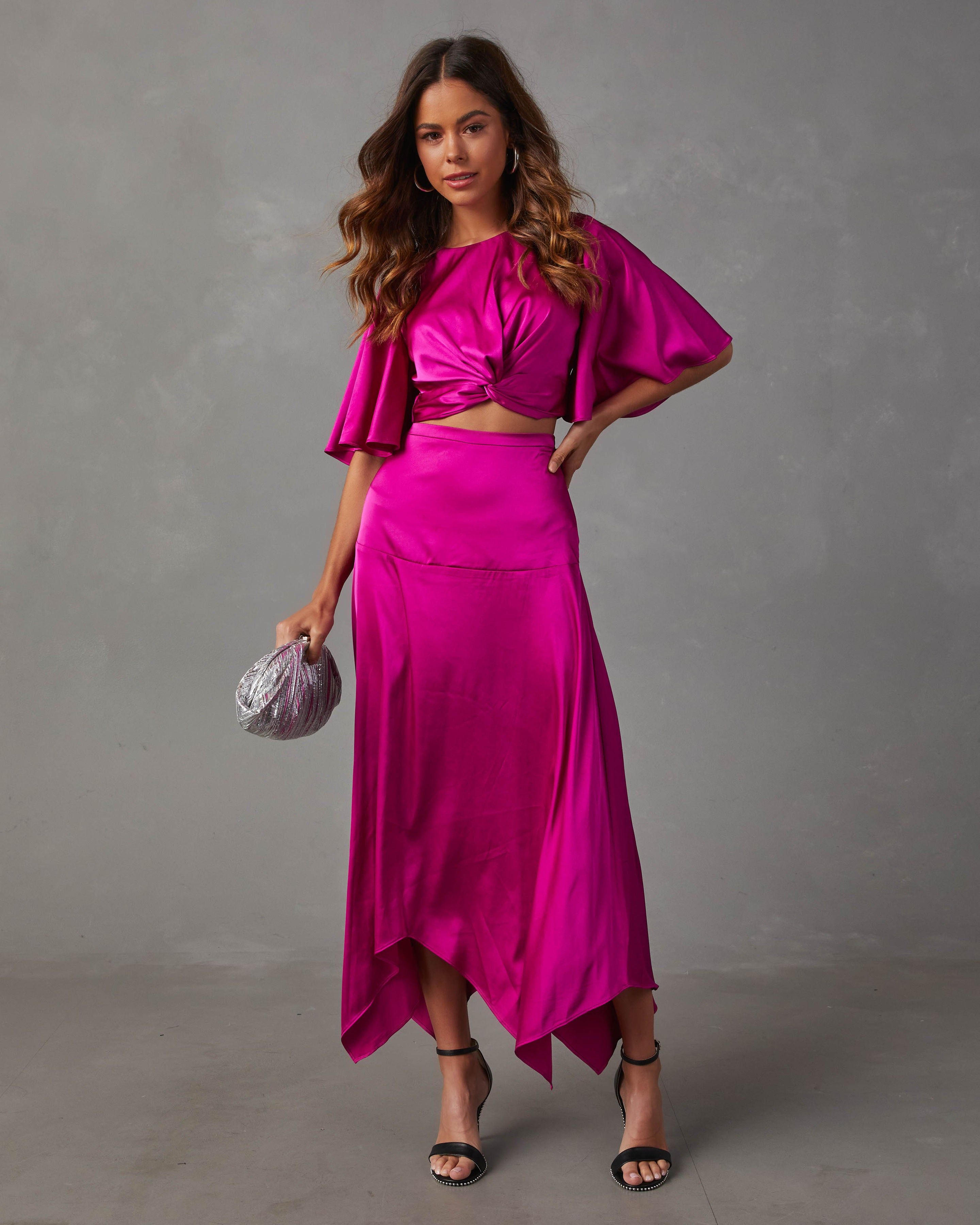 Belmore Satin Scarf Hem Midi Skirt - Fuchsia sold by Vici product image thumbnail 5