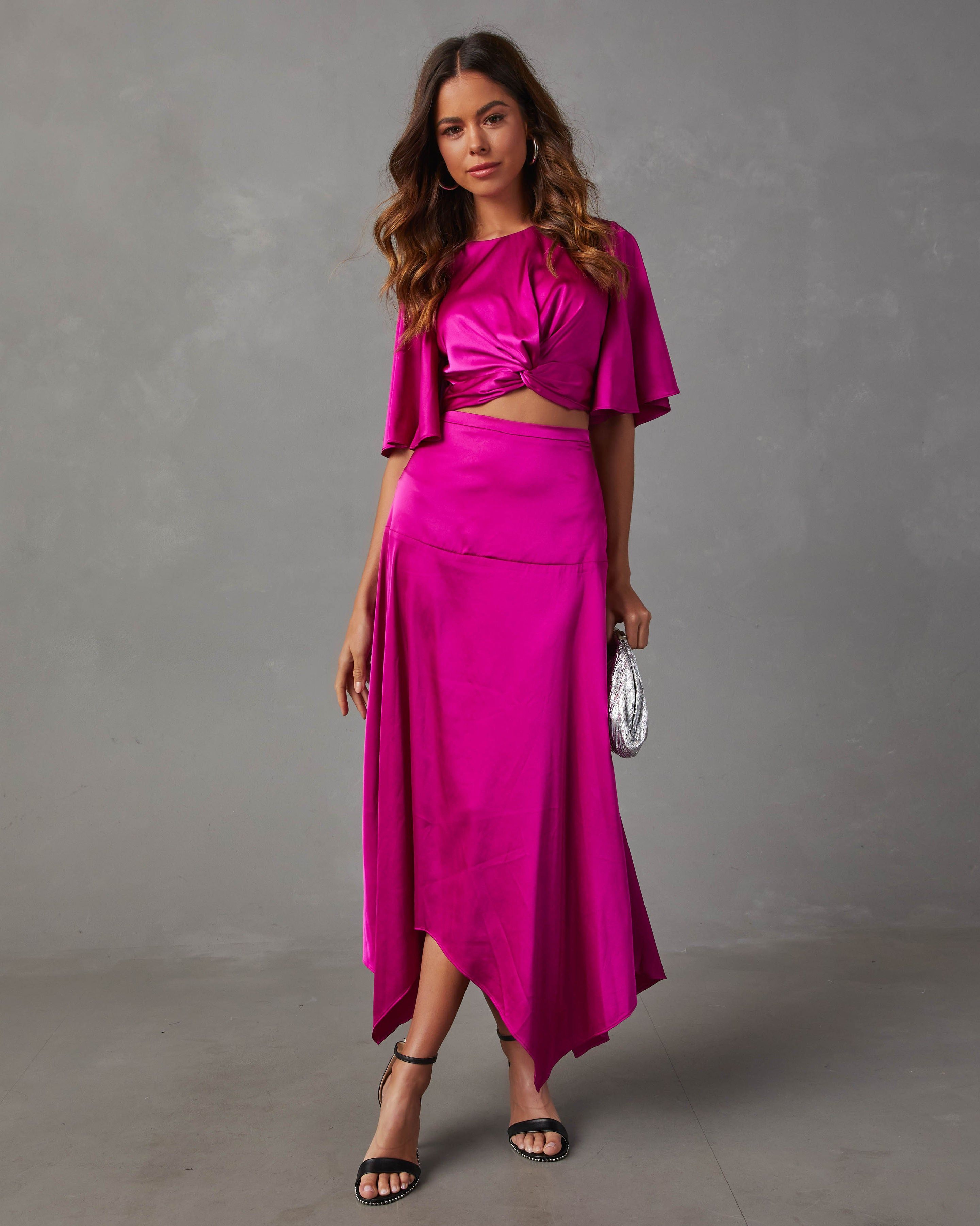 Belmore Satin Scarf Hem Midi Skirt - Fuchsia sold by Vici
