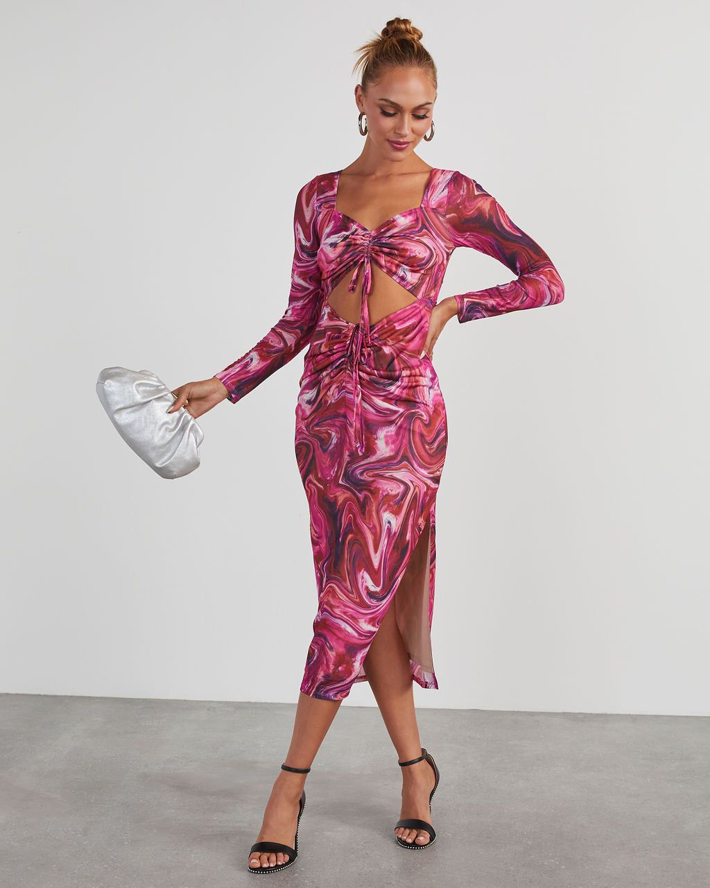Kismet Printed Mesh Cutout Midi Dress - Beige sold by Vici