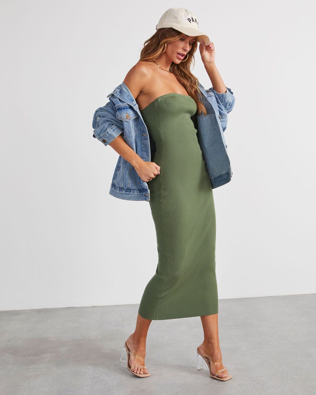 Showcase Strapless Knit Midi Dress - Olive sold by Vici product image thumbnail 2