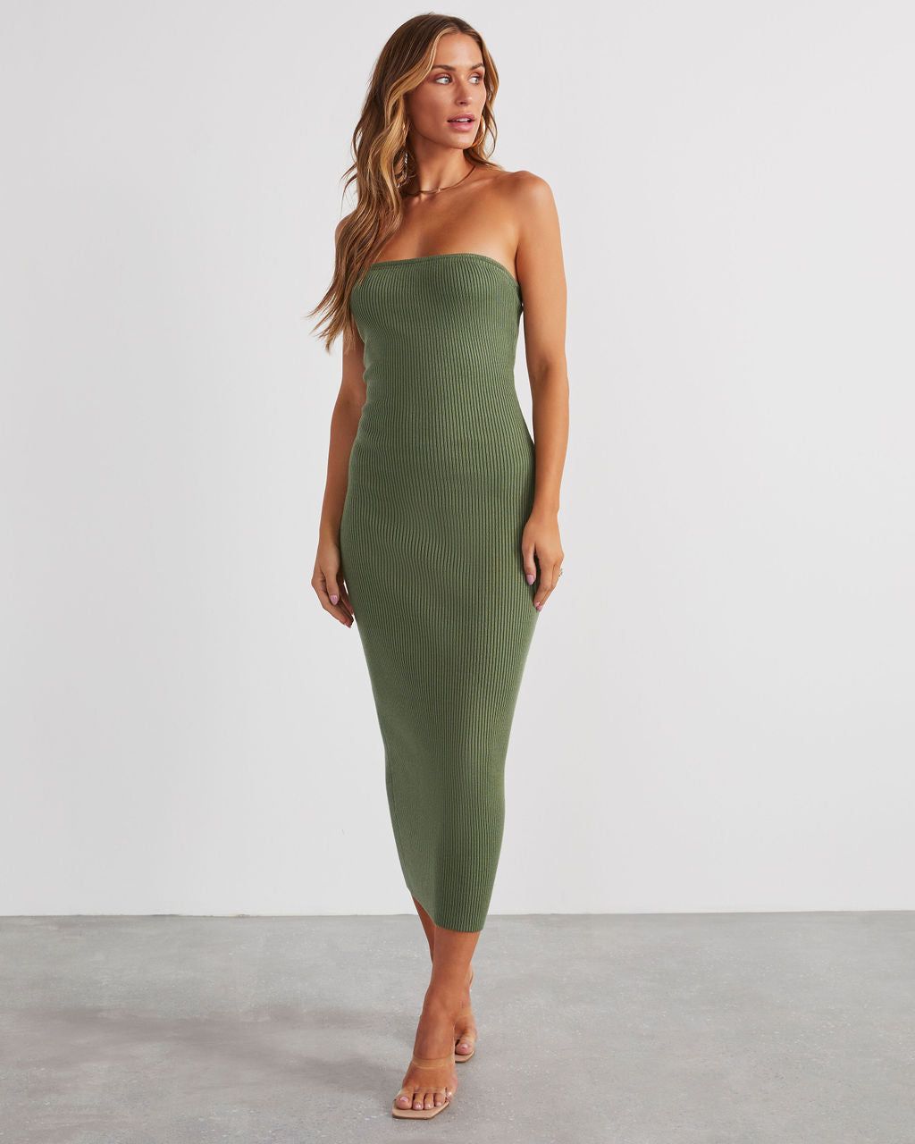 Showcase Strapless Knit Midi Dress - Olive sold by Vici product image thumbnail 6