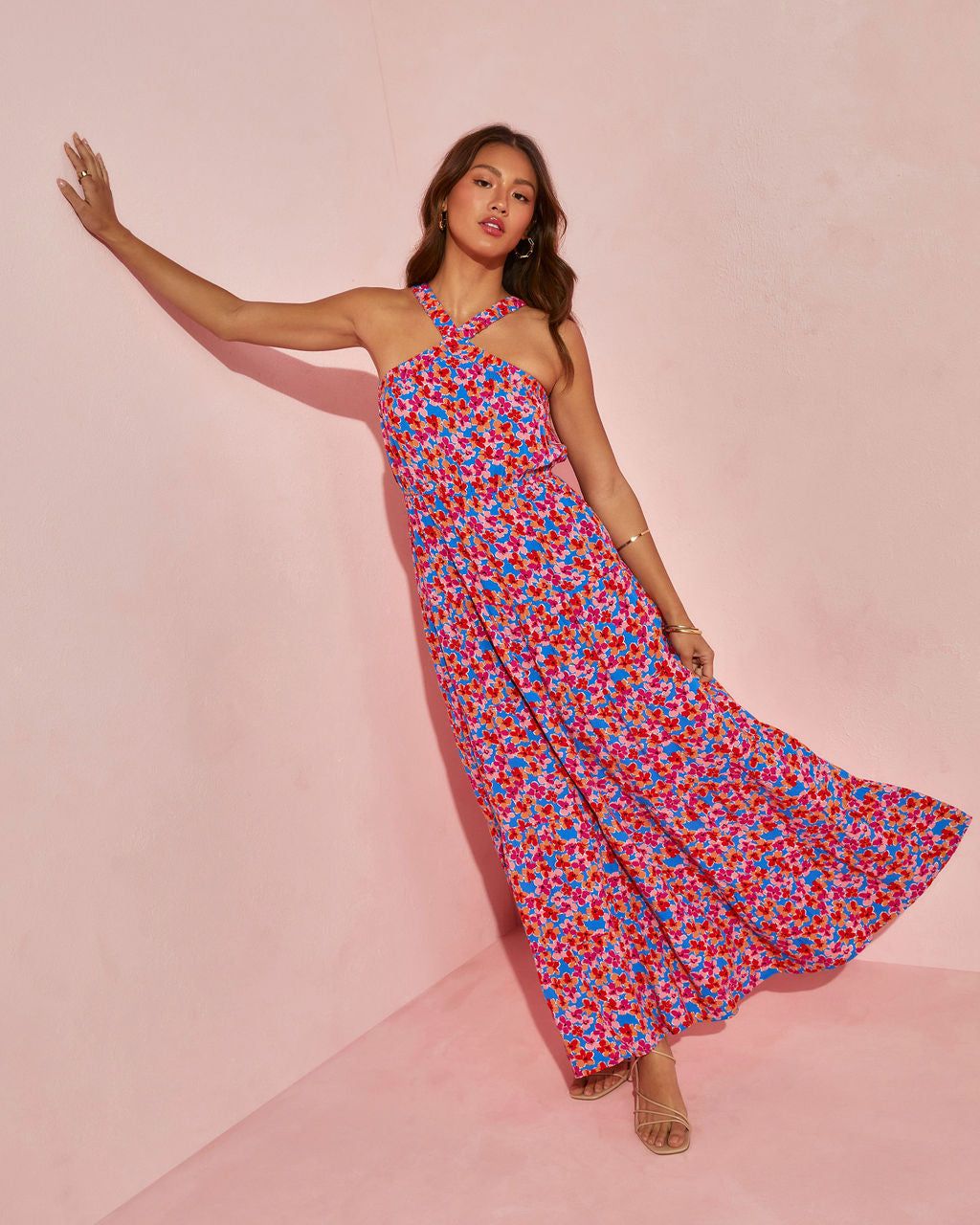 Blooming Poppy Halter Tiered Maxi Dress sold by Vici