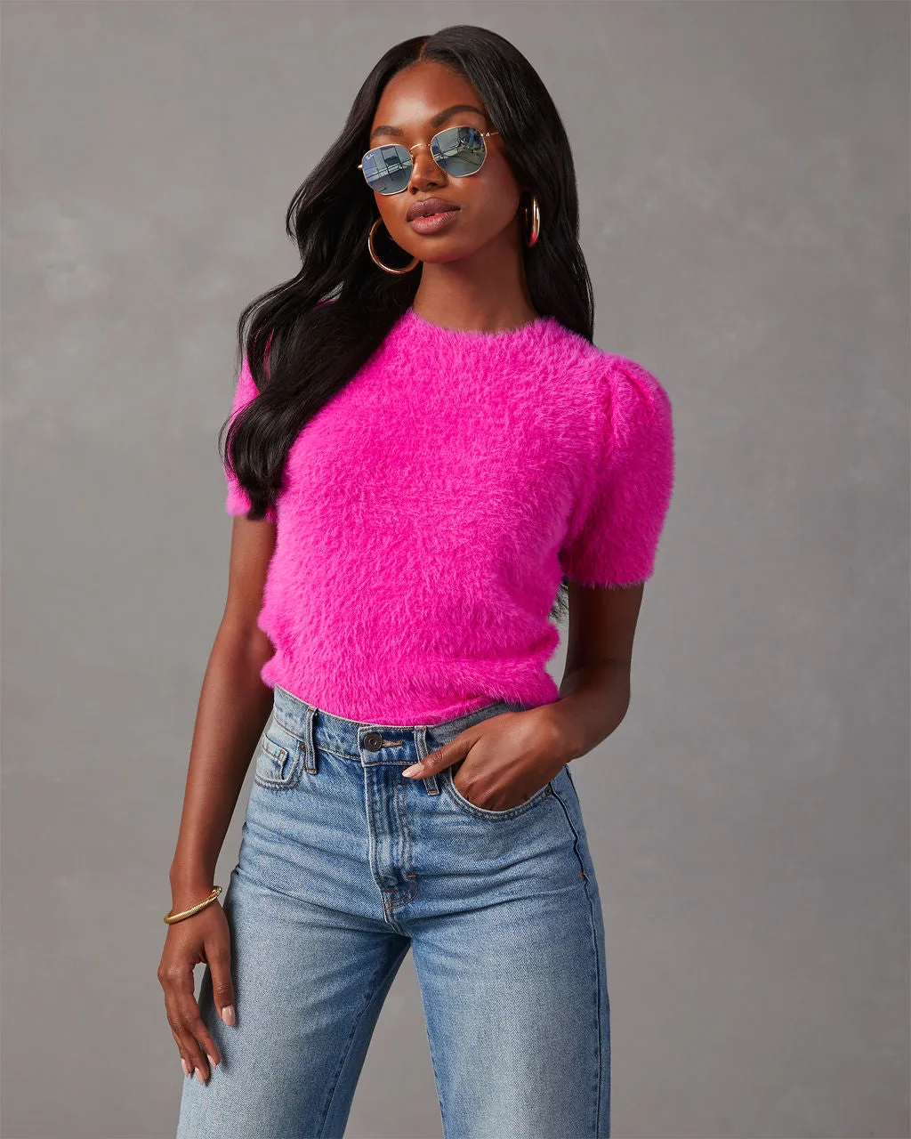Emanuelle Fuzzy Short Sleeve Sweater Top sold by Vici