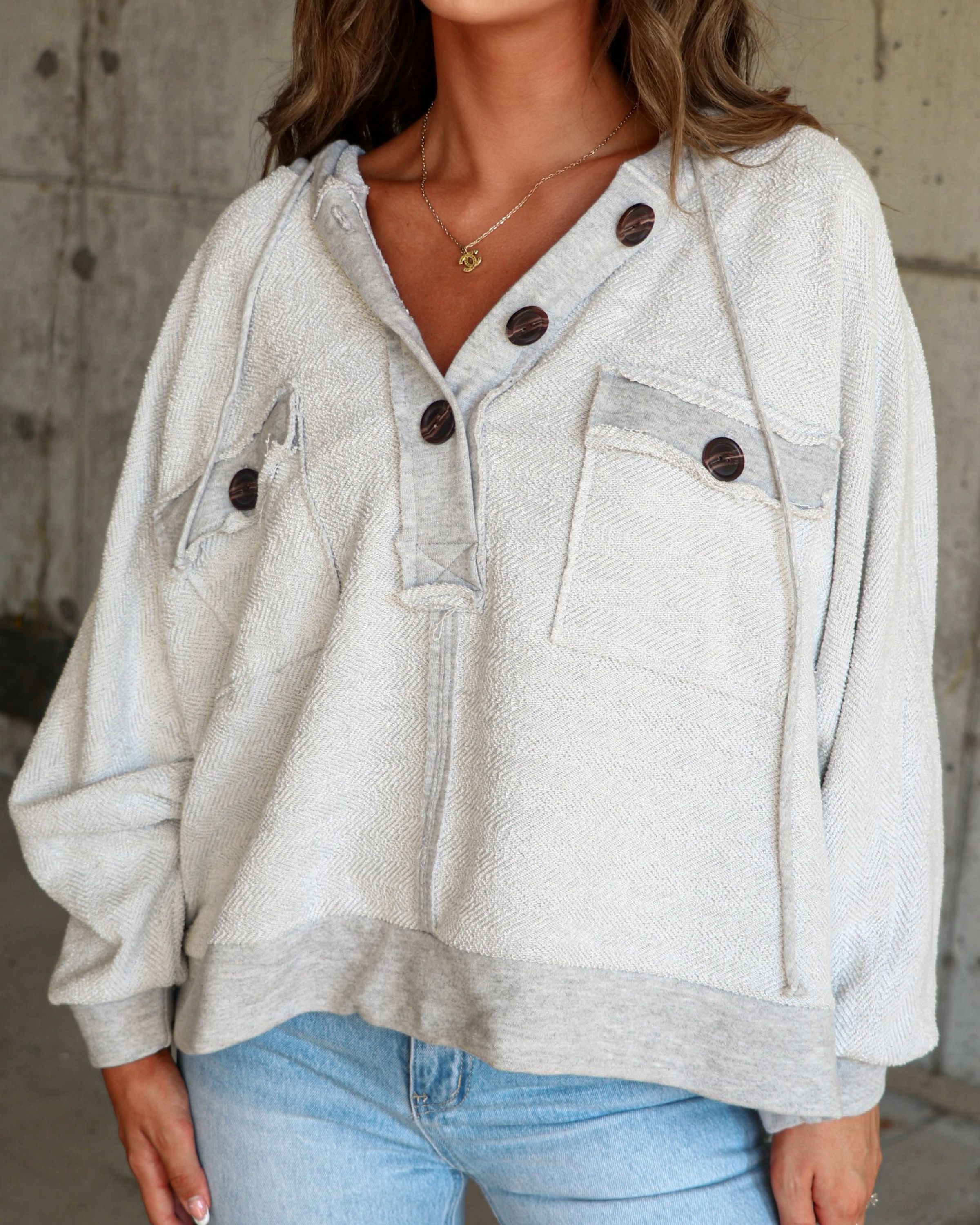 Tiffanie Terry Cotton Button Hoodie - Heather Grey sold by Vici product image thumbnail 5