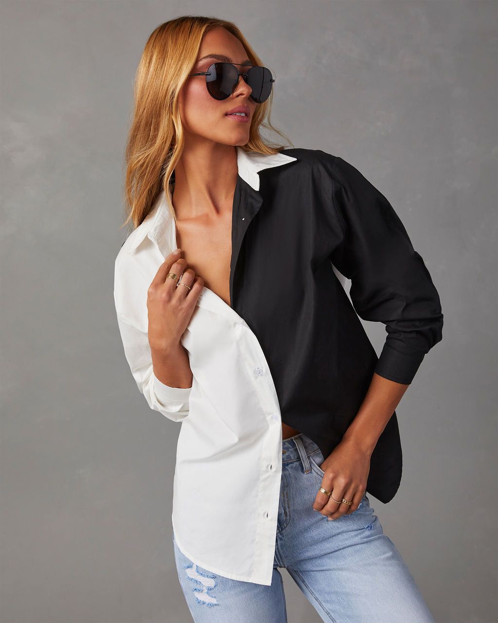 Gazette Colorblock Button Down Top sold by Vici