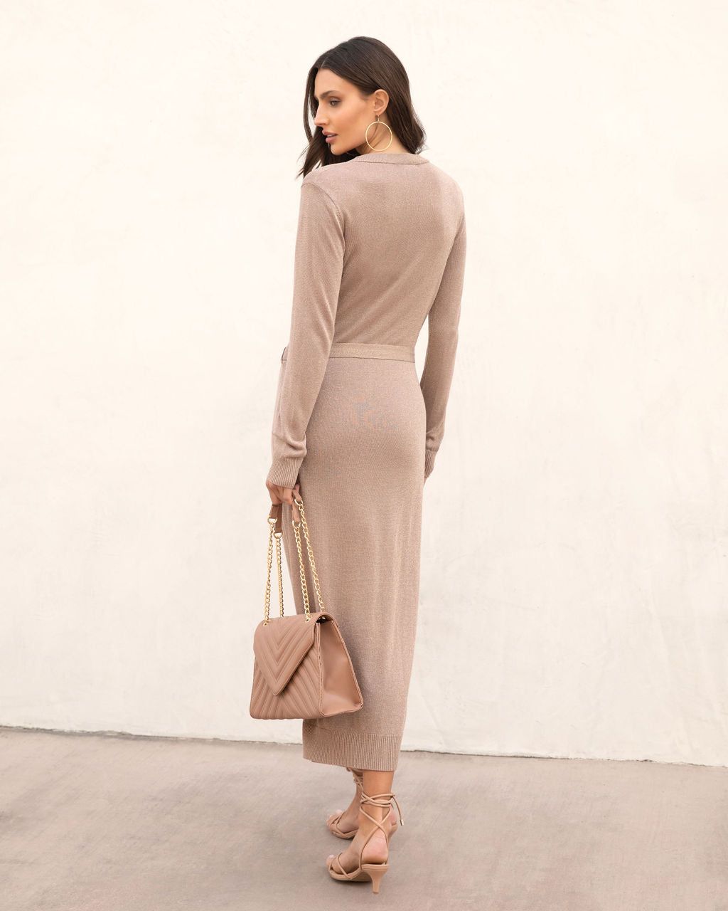 Cleo Button Front Waist Tie Midi Dress - Taupe - FINAL SALE sold by Vici product image thumbnail 4