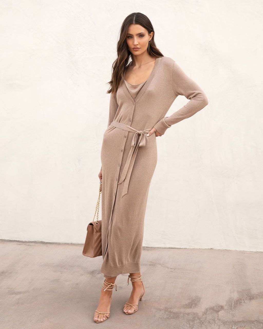 Cleo Button Front Waist Tie Midi Dress - Taupe - FINAL SALE sold by Vici