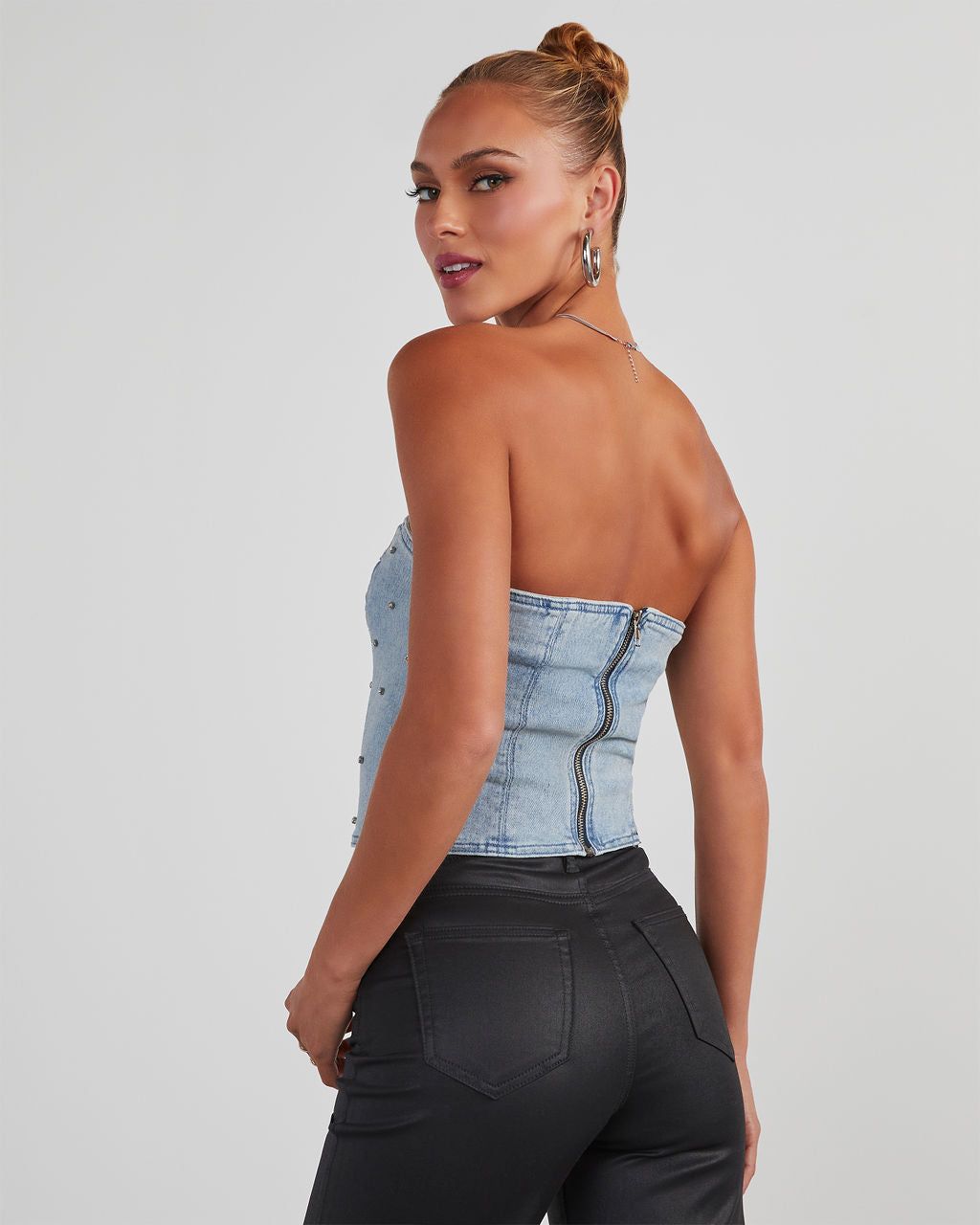 Concert Chic Embellished Denim Corset Top - Light Wash sold by Vici product image thumbnail 4
