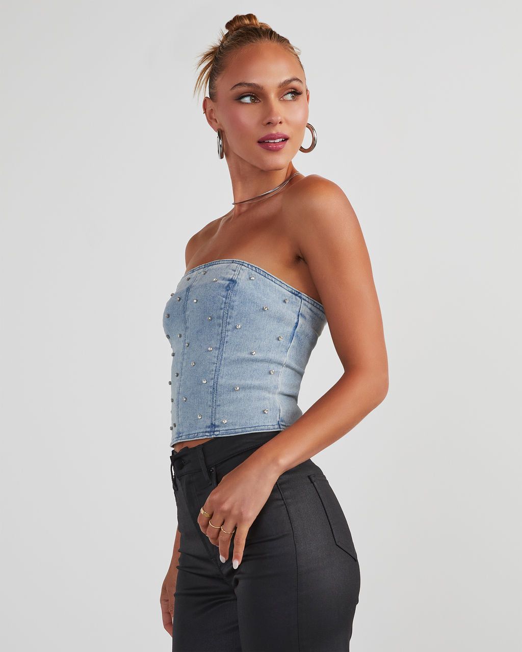 Concert Chic Embellished Denim Corset Top - Light Wash sold by Vici product image thumbnail 3