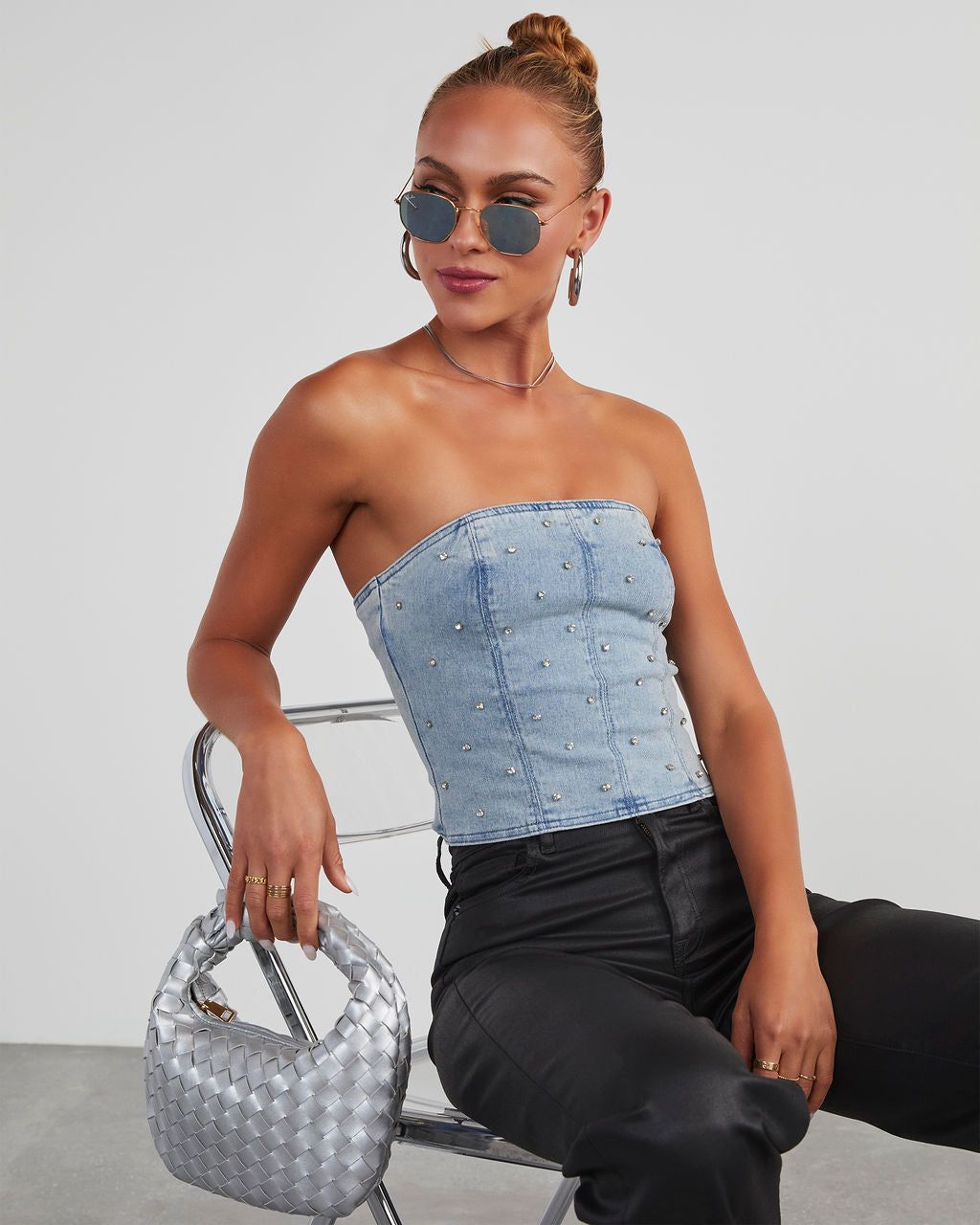 Concert Chic Embellished Denim Corset Top - Light Wash sold by Vici product image thumbnail 5