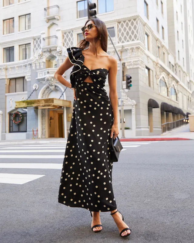 Chelsey Polka Dot Ruffle Shoulder Maxi Dress sold by Vici