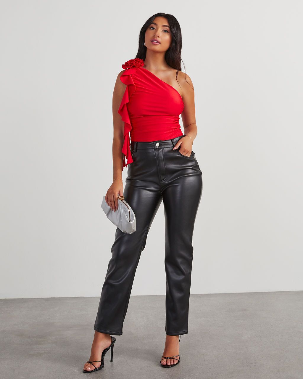 Amarissa One Shoulder Rosette Ruffle Bodysuit - Red sold by Vici