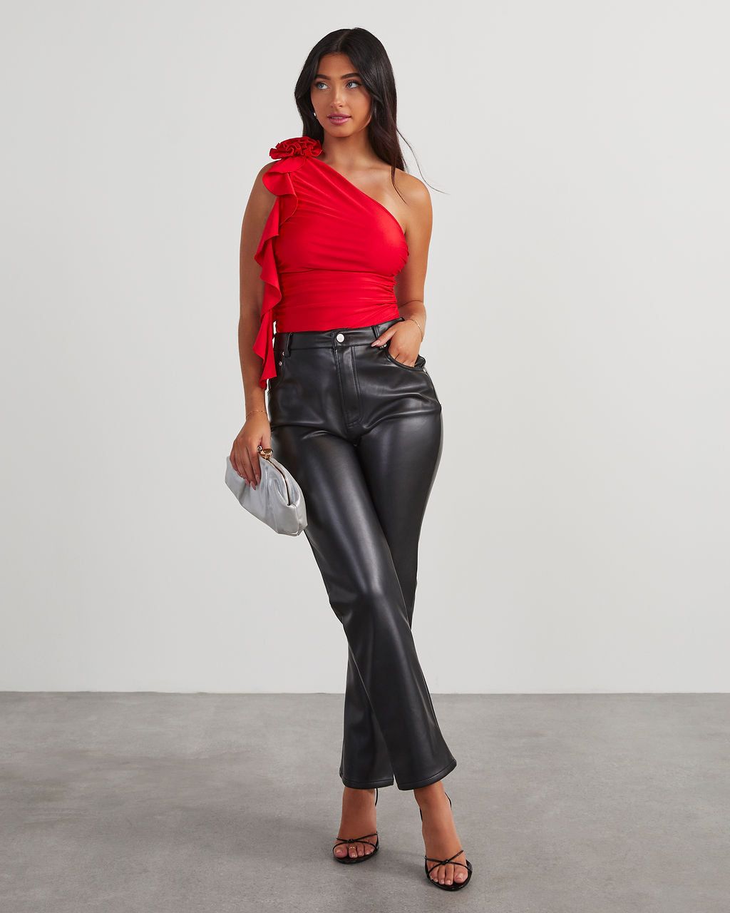 Amarissa One Shoulder Rosette Ruffle Bodysuit - Red sold by Vici product image thumbnail 6