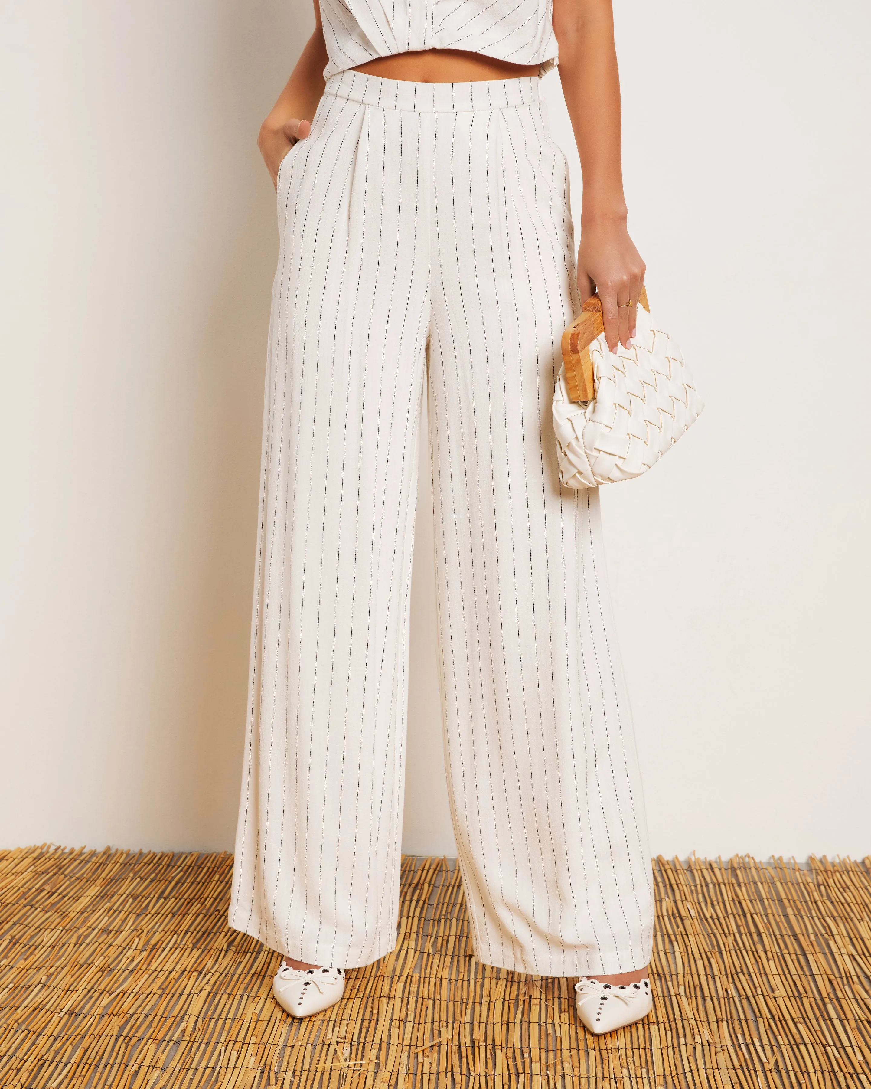 Tanya Pinstripe Linen Blend Wide Leg Pant sold by Vici