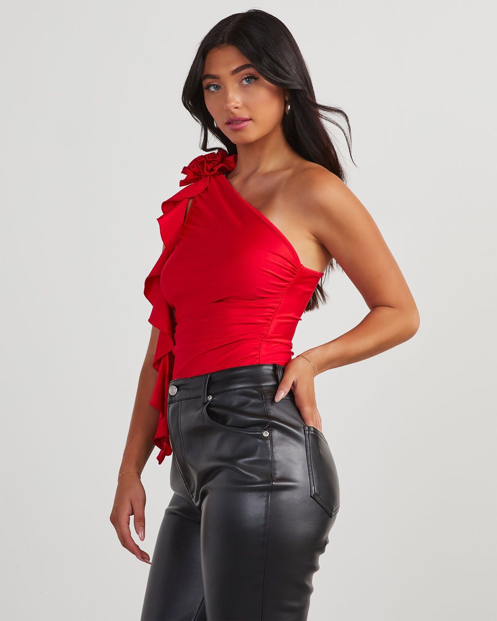 Amarissa One Shoulder Rosette Ruffle Bodysuit - Red sold by Vici product image thumbnail 3