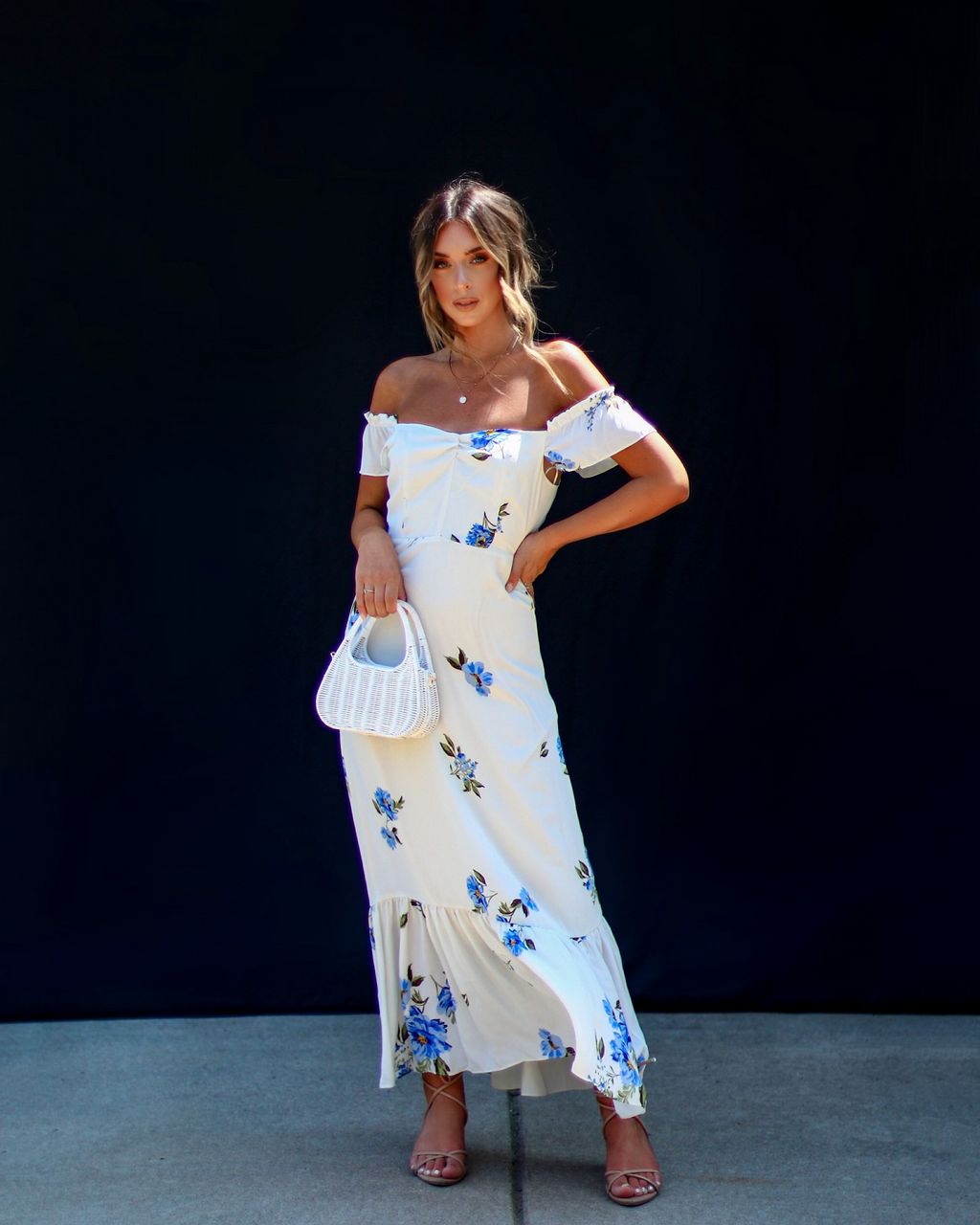 Andie Off The Shoulder Floral Midi Dress sold by Vici