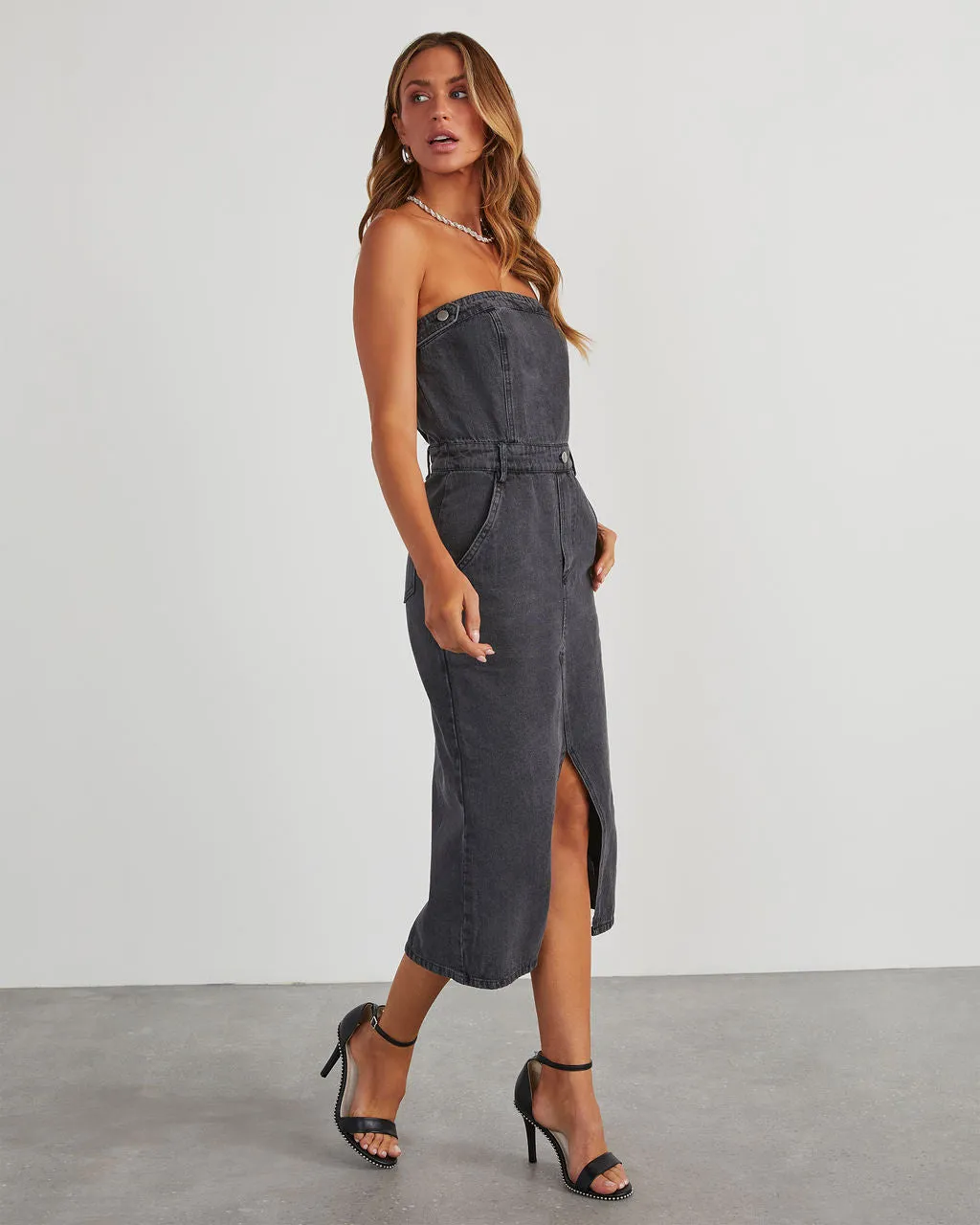 Edgy Era Denim Strapless Midi Dress sold by Vici product image thumbnail 3