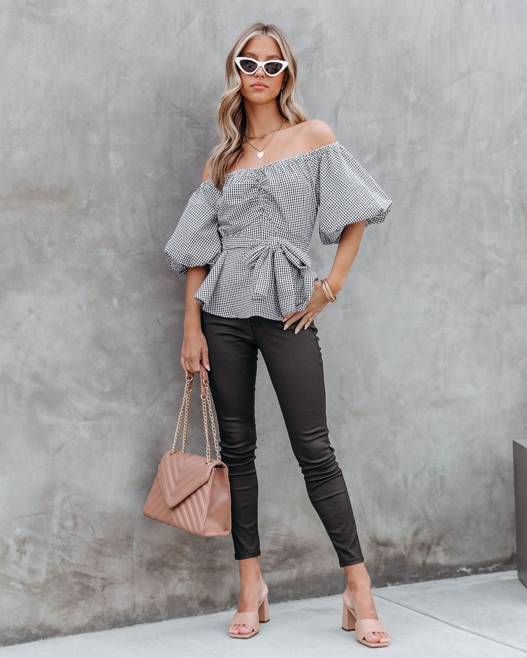 Marbella Gingham Cotton Blend Puff Sleeve Top sold by Vici product image thumbnail 3