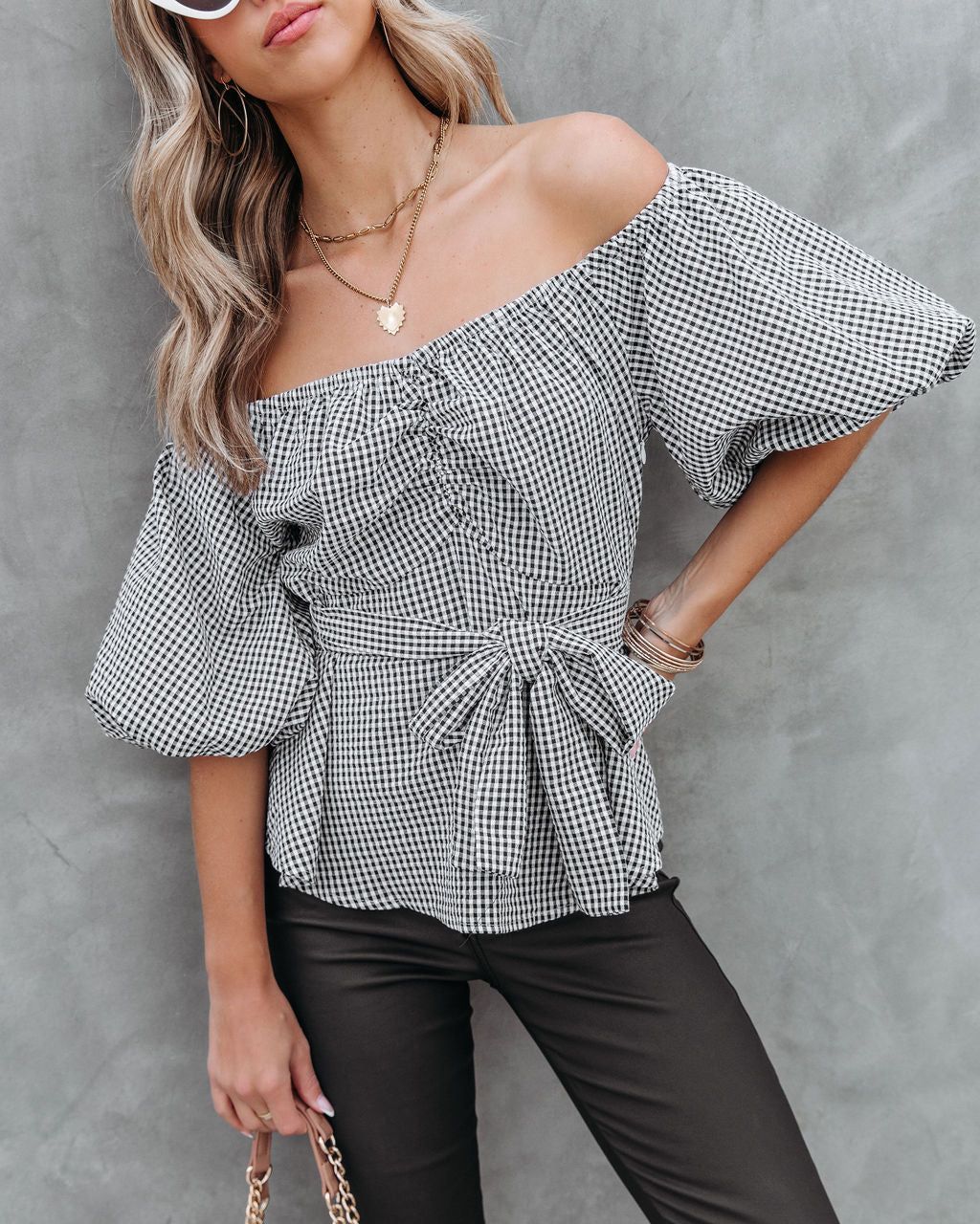 Marbella Gingham Cotton Blend Puff Sleeve Top sold by Vici product image thumbnail 2