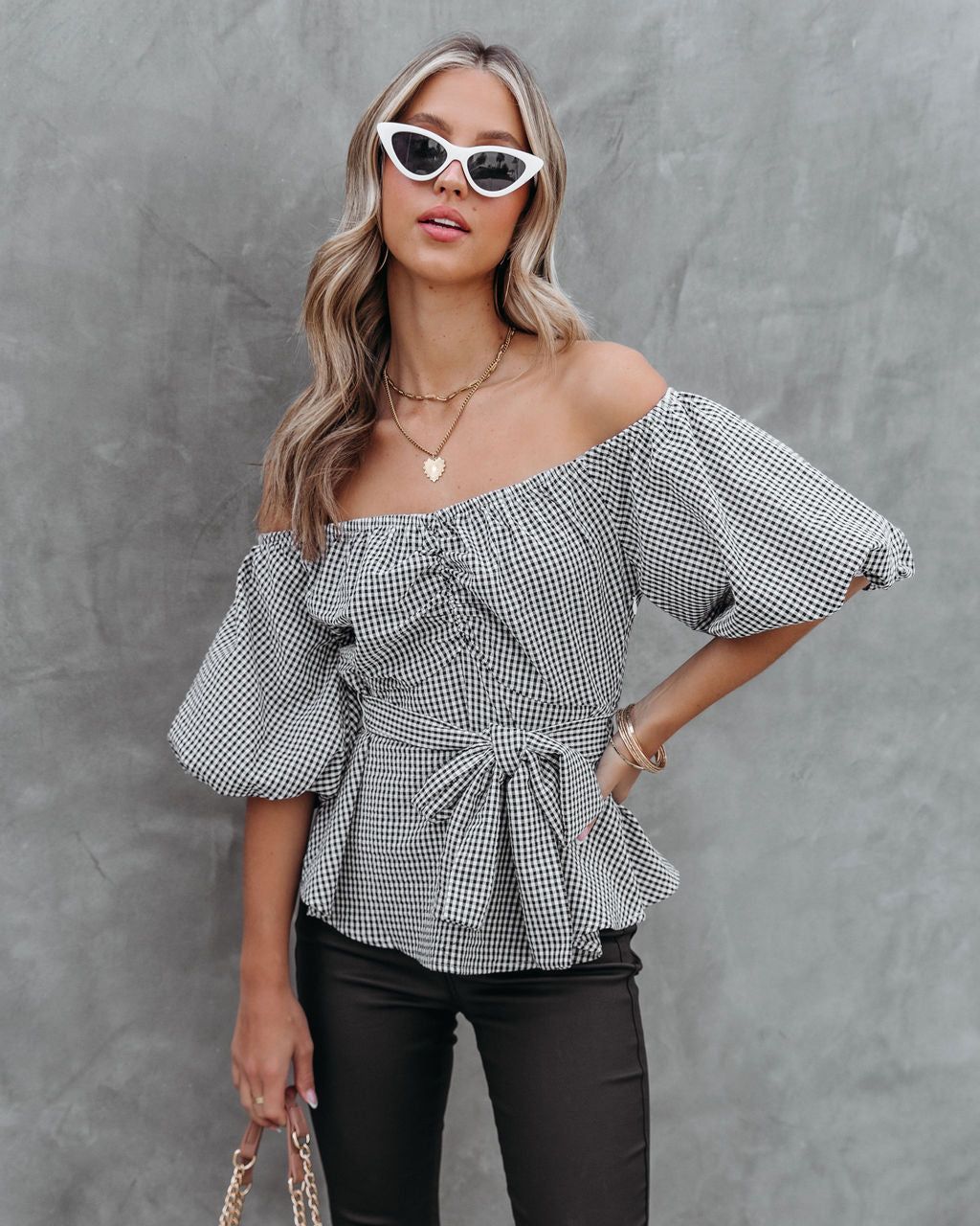 Marbella Gingham Cotton Blend Puff Sleeve Top sold by Vici