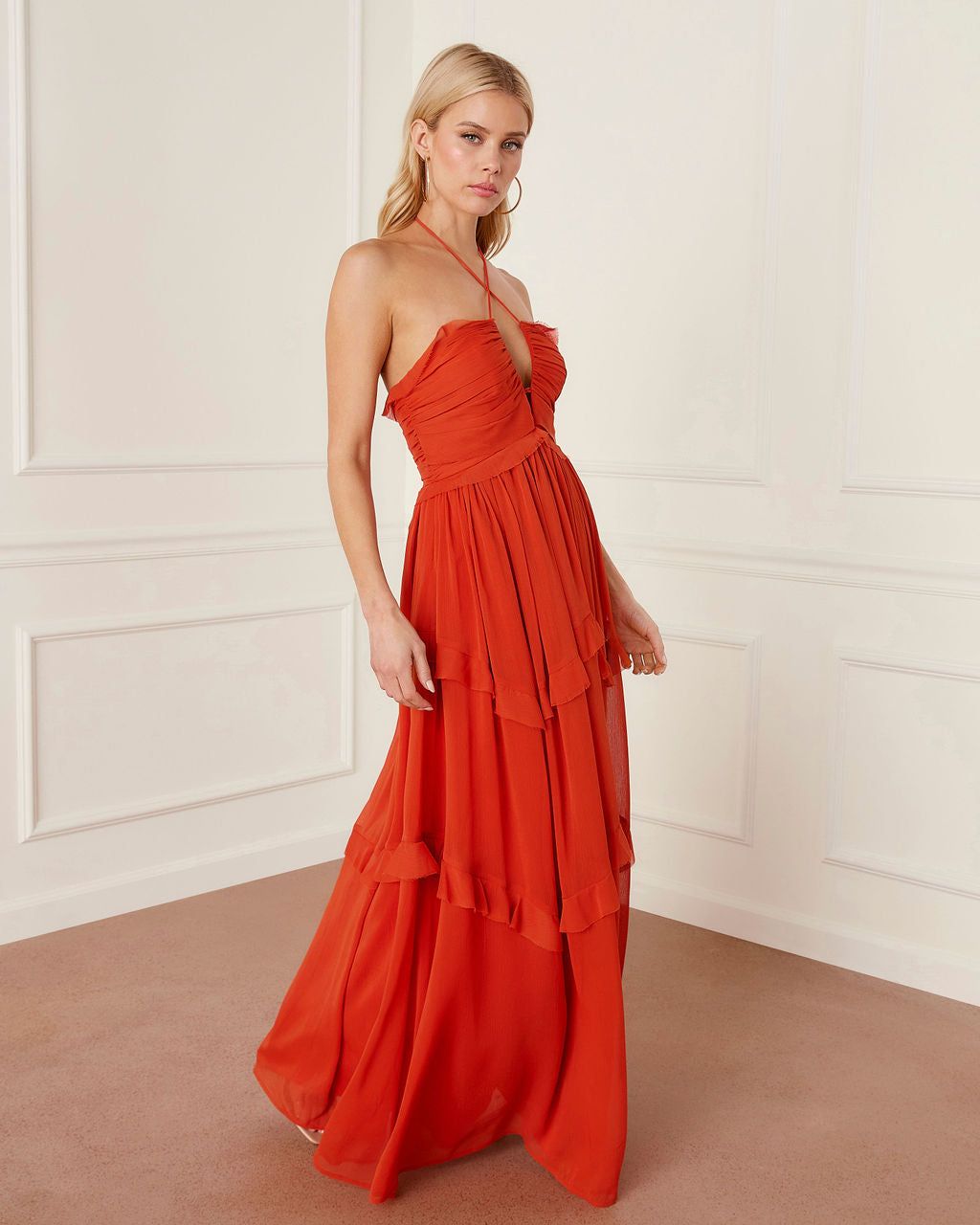 Kiandra Chiffon Halter Tiered Ruffle Trim Maxi Dress - Rust - FINAL SALE sold by Vici product image thumbnail 5
