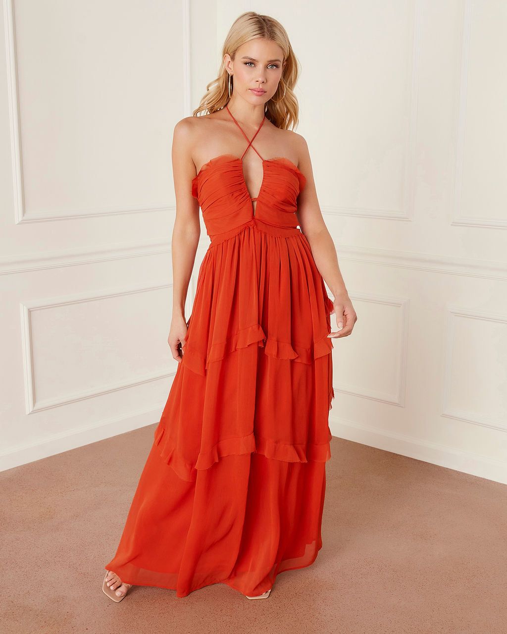 Kiandra Chiffon Halter Tiered Ruffle Trim Maxi Dress - Rust - FINAL SALE sold by Vici product image thumbnail 6