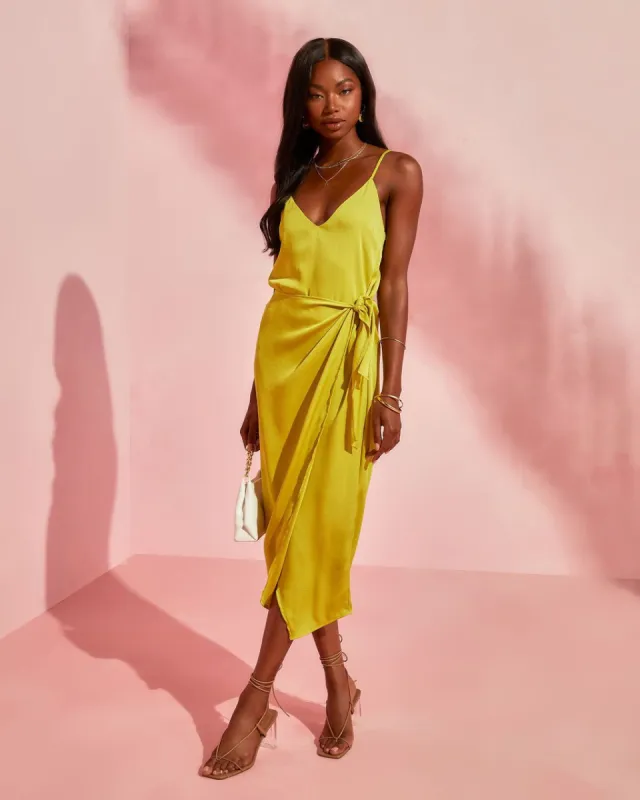 Magdalena Satin Wrap Midi Dress - Chartreuse - FINAL SALE sold by Vici