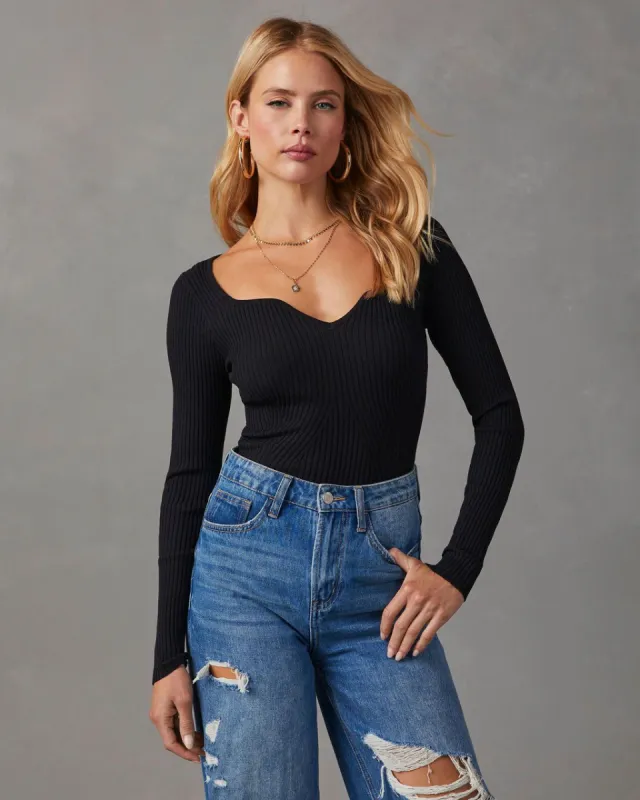 Marcey Ribbed Long Sleeve Top - Black sold by Vici