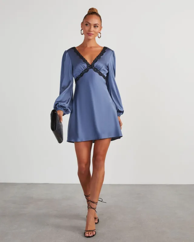 Jazzy Satin Lace Trim Long Sleeve Mini Dress - Slate Blue sold by Vici