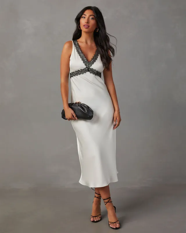 Dentelle Satin V-Neck Slip Midi Dress - Ivory/Black sold by Vici