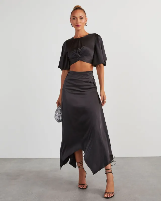 Belmore Satin Scarf Hem Midi Skirt - Black sold by Vici