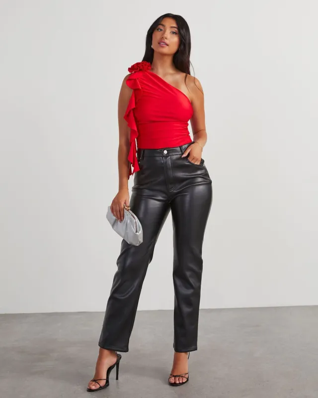 Amarissa One Shoulder Rosette Ruffle Bodysuit - Red made by Vici