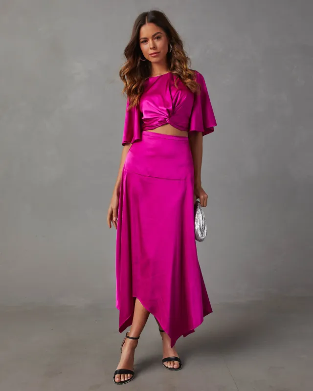 Belmore Satin Scarf Hem Midi Skirt - Fuchsia sold by Vici