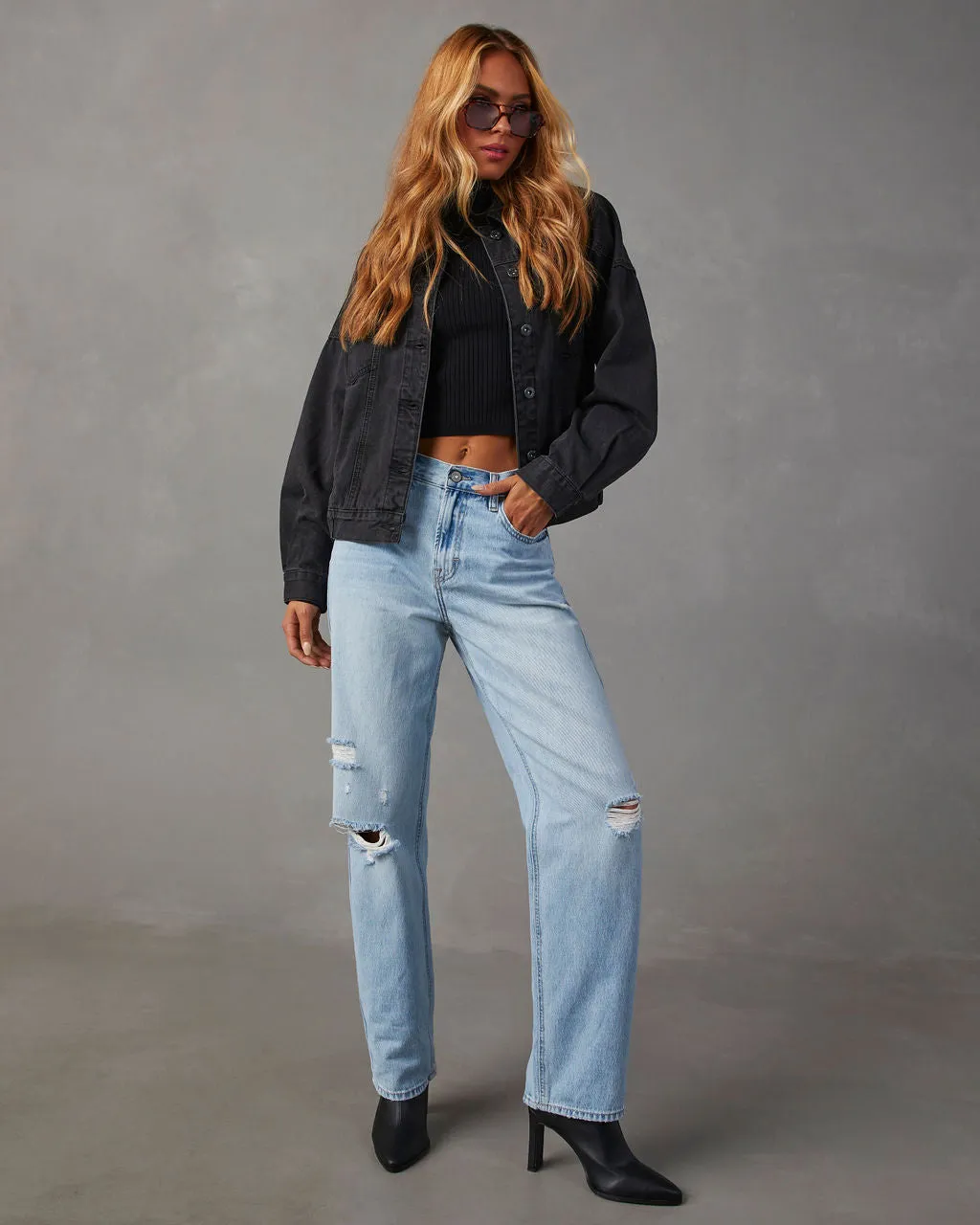 Sadine Distressed High Rise Straight Jeans sold by Vici