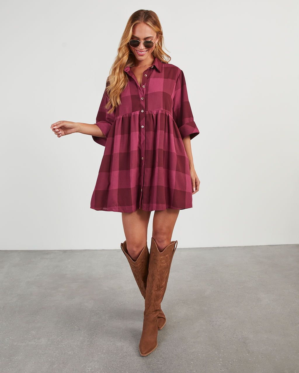 Shilah Plaid Babydoll Mini Dress sold by Vici