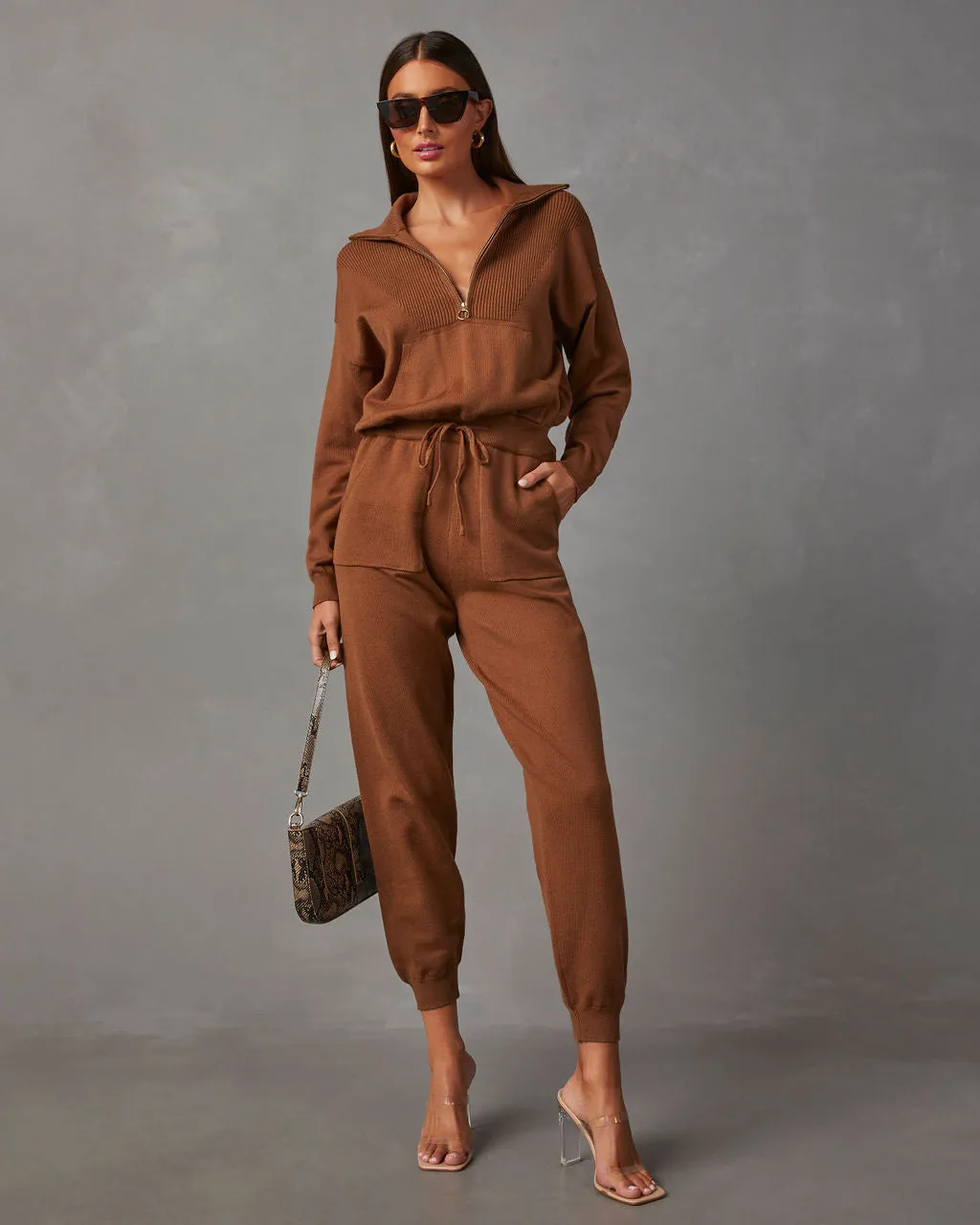 Ryker Pocketed Half Zip Knit Jumpsuit sold by Vici