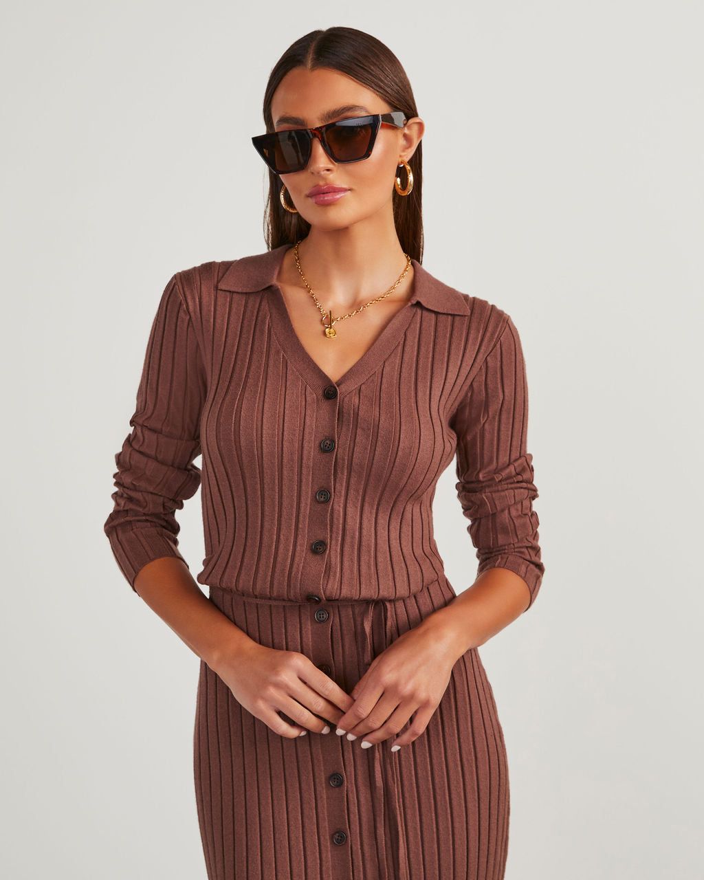 Vitara Button Front Midi Sweater Dress - Brown sold by Vici product image thumbnail 5