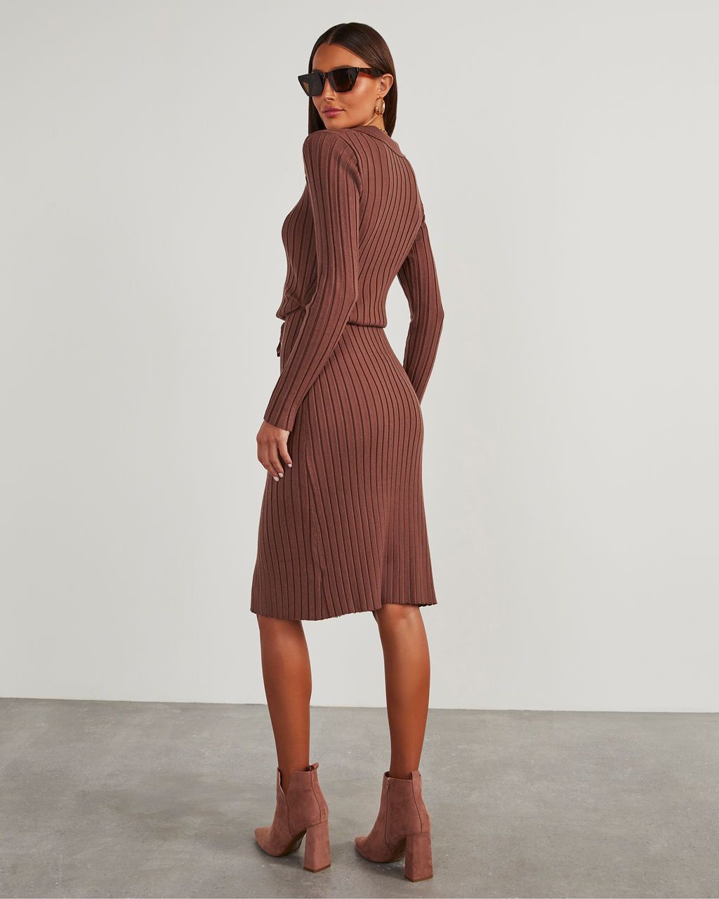 Vitara Button Front Midi Sweater Dress - Brown sold by Vici product image thumbnail 4