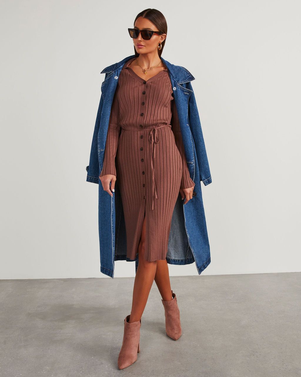 Vitara Button Front Midi Sweater Dress - Brown sold by Vici product image thumbnail 2