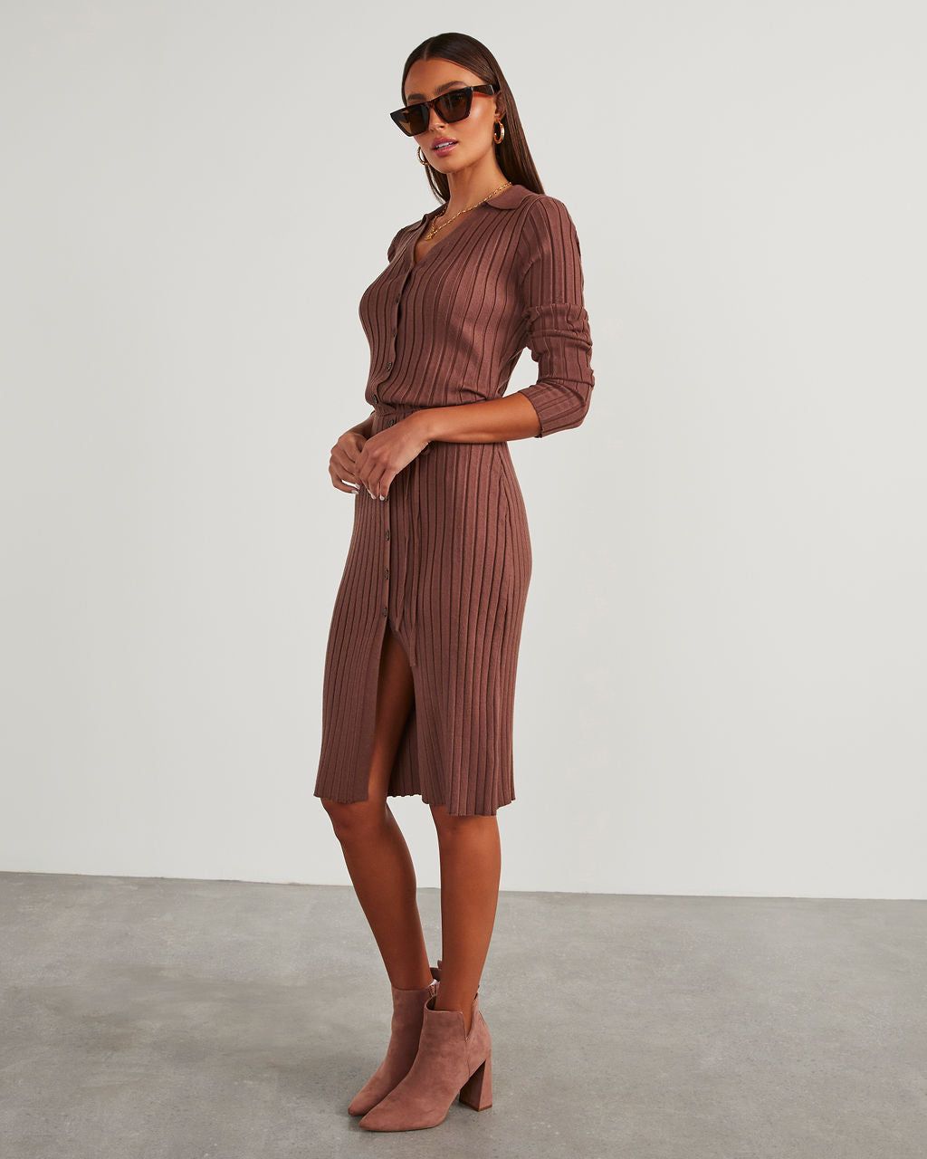 Vitara Button Front Midi Sweater Dress - Brown sold by Vici product image thumbnail 6
