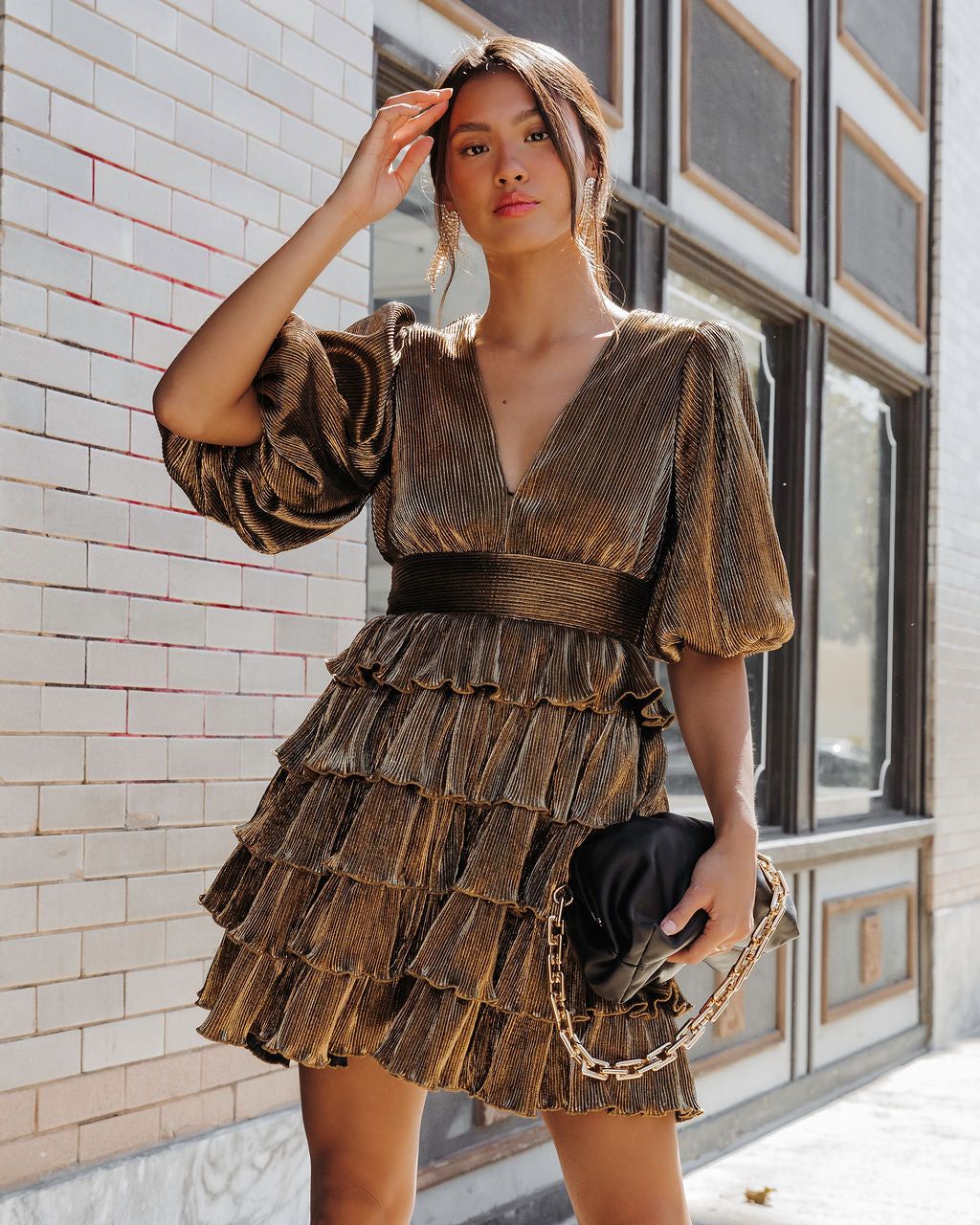 All Is Bright Metallic Tiered Mini Dress sold by Vici product image thumbnail 4